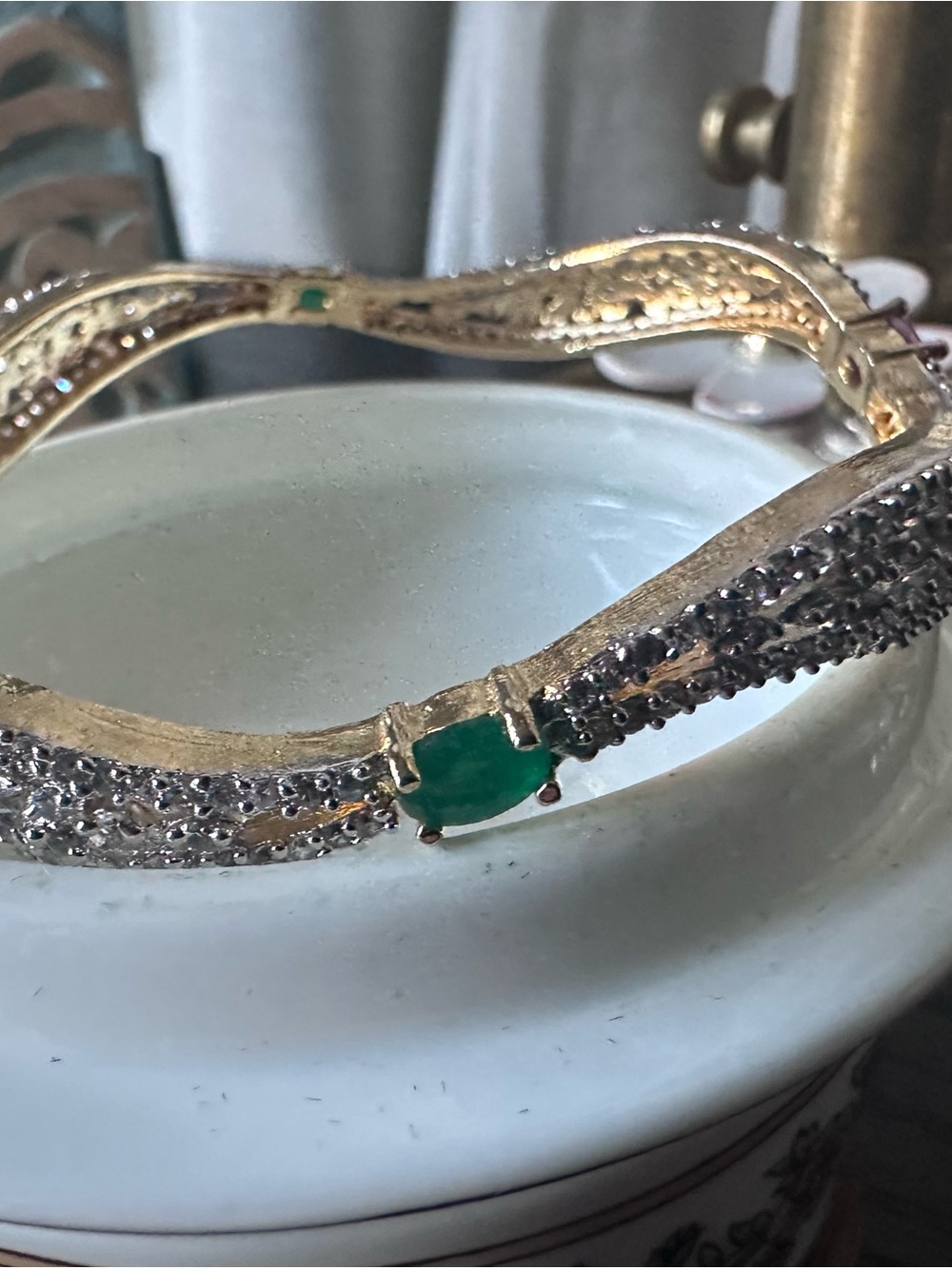 Gold-Tone Bangle Bracelet with Green Cabochon and Clear Stones